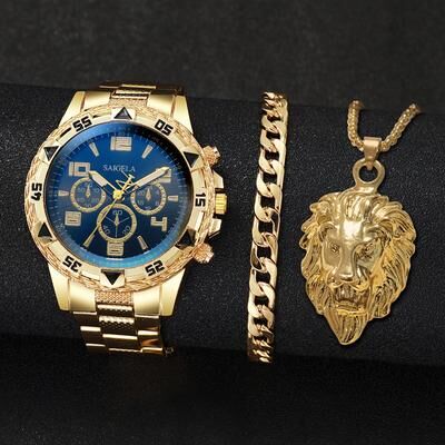 Combo Retail Shop Fashion Steel Band Men Watches, Arabic Dial Man Business Watches, Jewellery Set Premium Gift gold Black