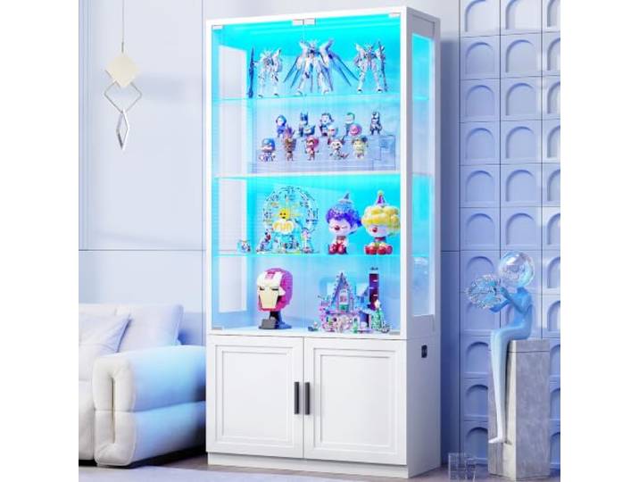 BROTTAR 170 cm Vitrine mit Glastüren, 4-stöckige Vitrine mit 2 herausnehmbaren Glasböden, Vitrine für Sammlerstücke, schwarz, weiß