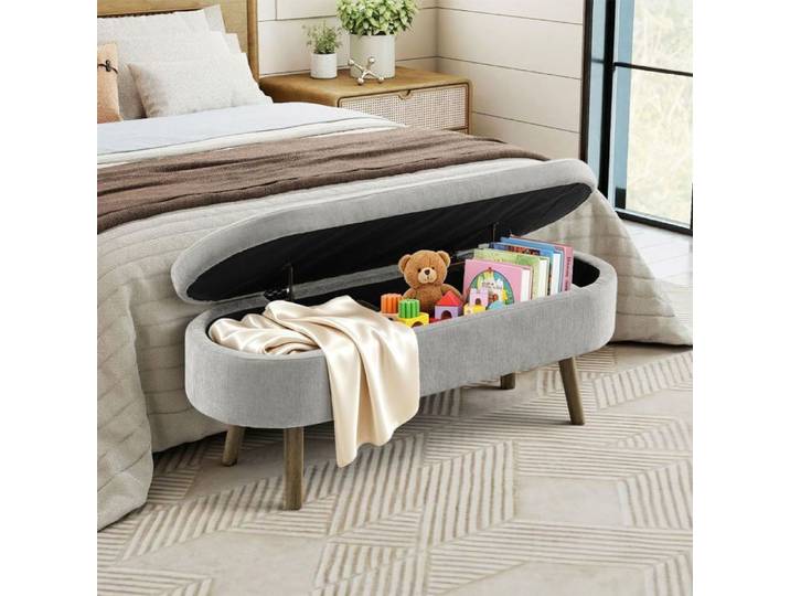 Banc de rangement multifonction tissu chenille doux pieds en bois 110x40x42 cm Gris