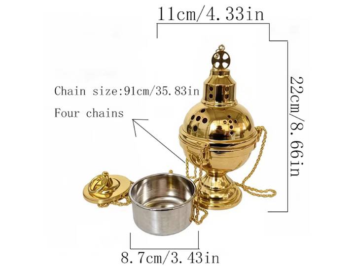 Encensoir orthodoxe byzantin plaqué or avec croix supérieure et bol en acier inoxydable pour la liturgie religieuse et la combustion d'encens