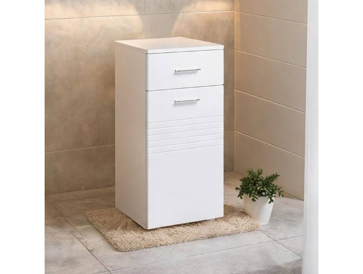 Meuble bas de salle de bain compact blanc panneaux de particules triple rangement