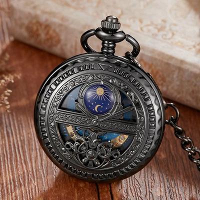 Uplift Treasures Mechanical Pocket Watch Star And Moon Phase Skeleton Design black