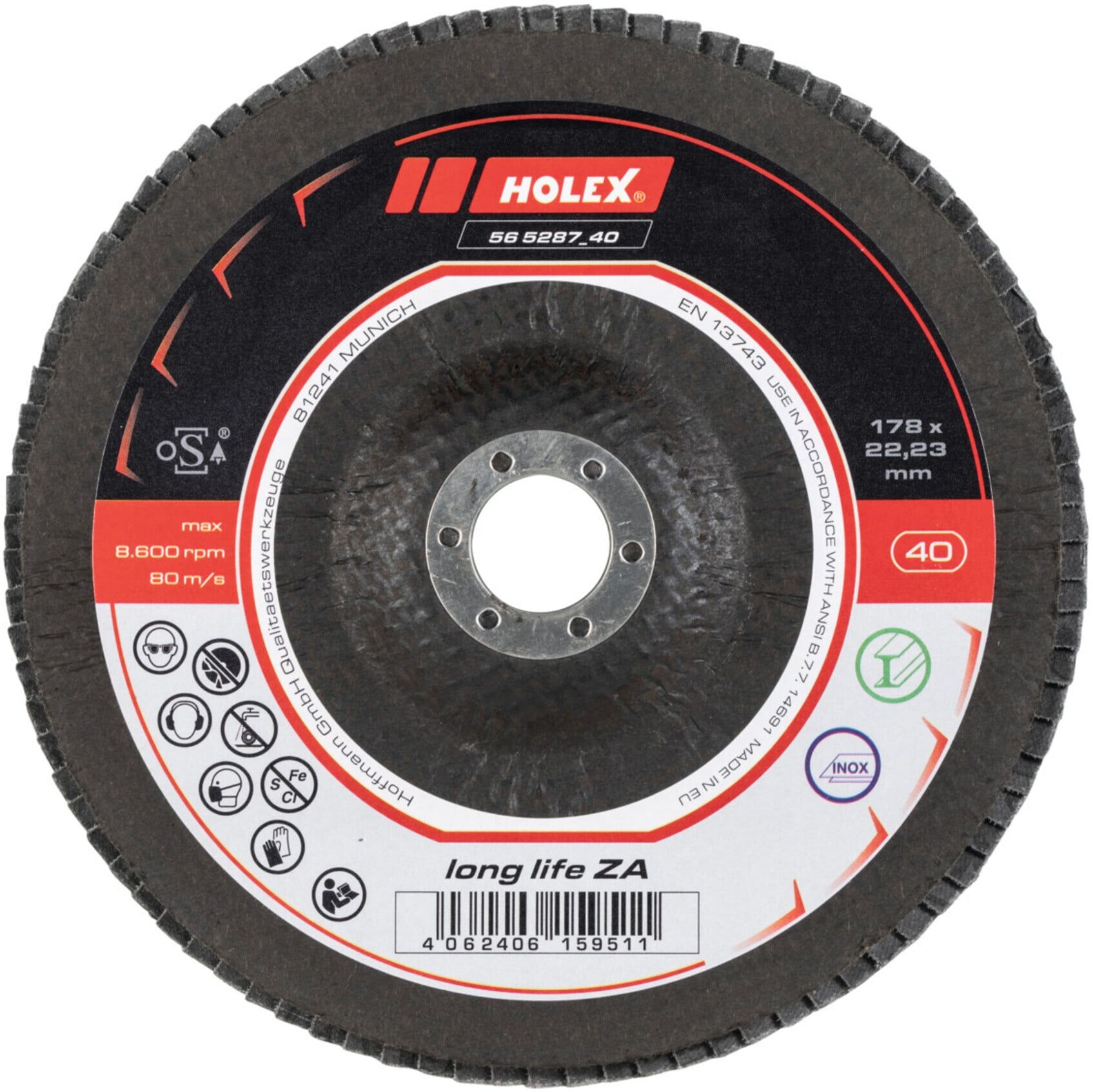 HOLEX Fächerschleifscheibe long life, ZA, schräg, 178 mm Durchmesser, Körnung: 40 (565287 40)