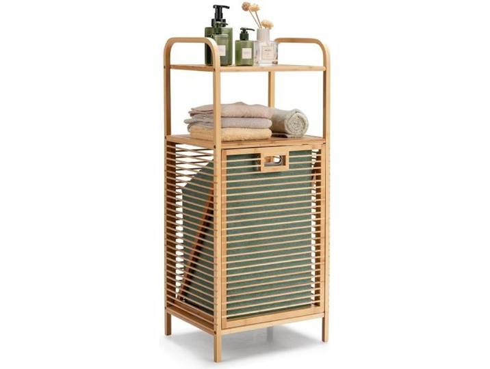 DREAMADE Armoire de Salle de Bain 2 Étagère avec Panier à Linge Amovible Meuble Salle de Bain en Bambou pour Toilettes Chambre 40L