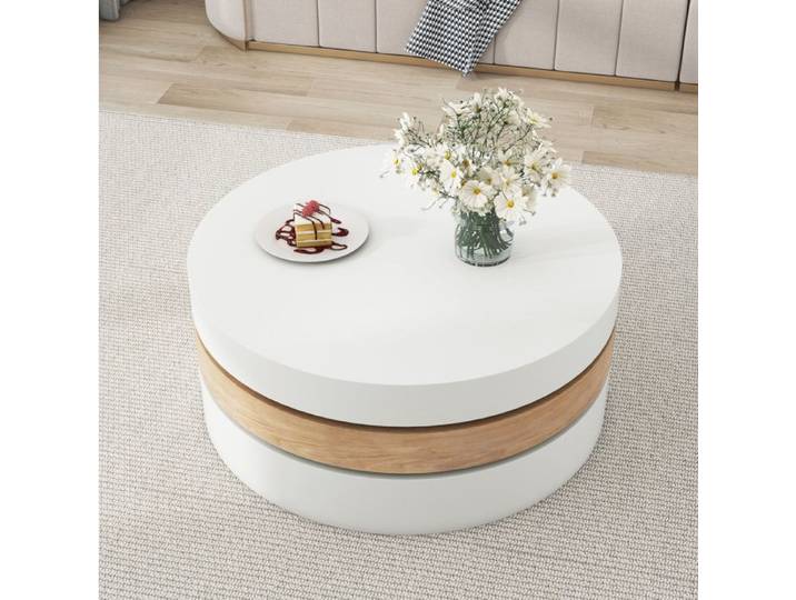 Table basse rotative ronde 60x60x35 1 cm blanc et bois naturel – rangement dissimulé