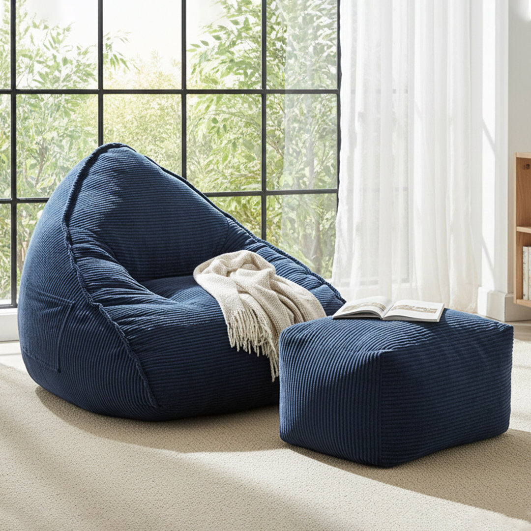 Ebern Designs Cloud Large Bean Bag Chair with Ottoman, Corduroy Lounge Chair with 35D High-Density Foam, Beanbag Chair for Adults, Boneless Floor Chair for Living R Blue Large