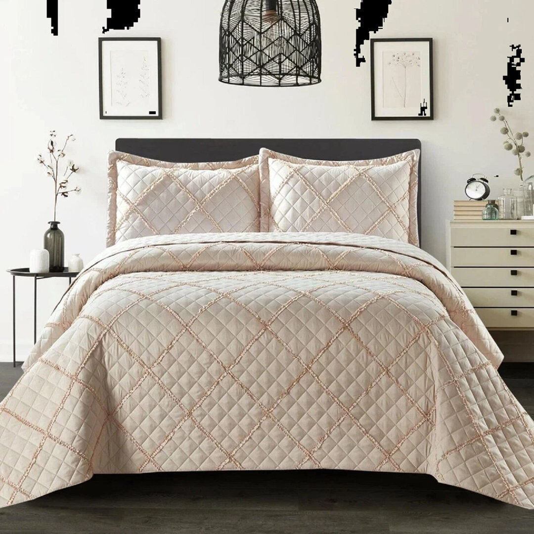 ZASH LONDON Luxury Quilted Modern Ruffle Bedspread Box Pattern Soft Comforter Bedding Set With Pillow Shams Beige Double