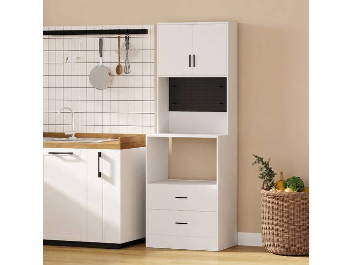 HOMCOM Meuble Cuisine Micro-ondes Métal Blanc 2 Tiroirs 2 Portes