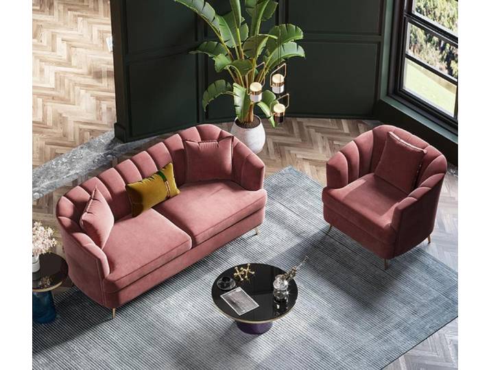 JVmoebel Sofa Couch Lounge Samt in zartem Rosa mit Holz- und Edelstahlfinish, Set 2 Teile, Made in Europa