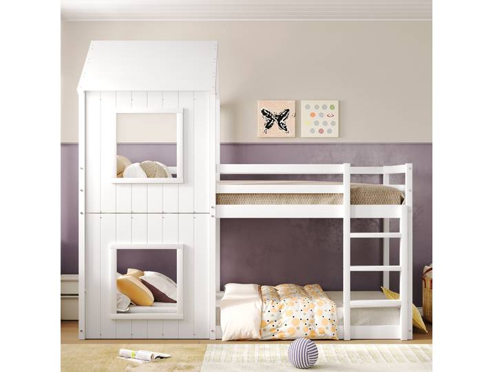 Lit superposé en bois massif KOMHTOM 90x200cm, lit enfant de laiton à la plafond, lit cabane pour filles et garçons avec échelle et baldaquin