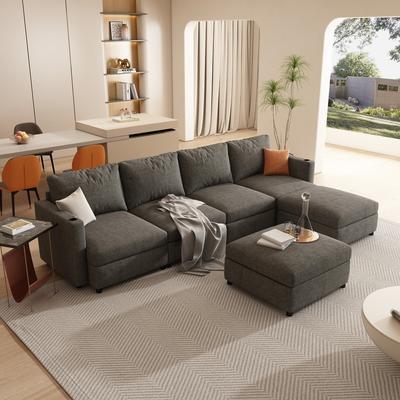 Modern U-Shape 6-Seater Sectional Sofa Bed with Storage Ottomans, Chenille Fabric