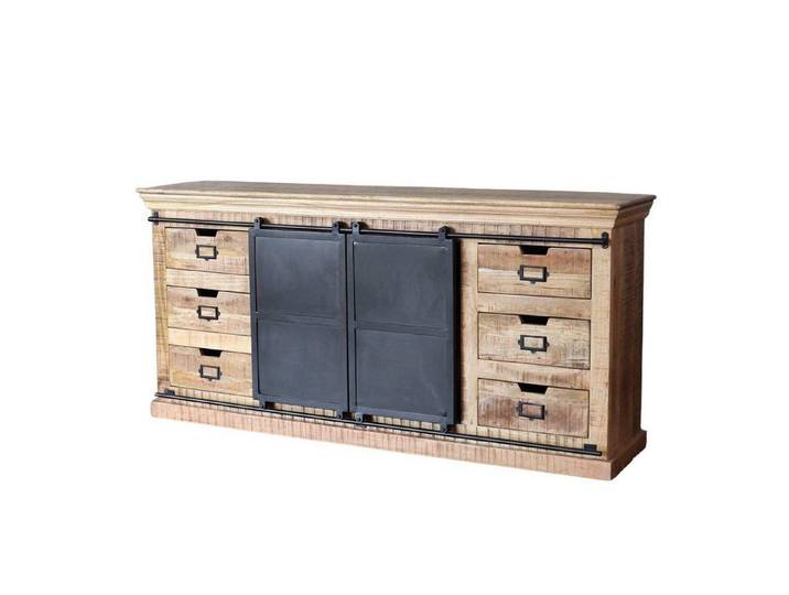 baario Sideboard XXL Sideboard SELCE 180cm, massiv Mangoholz Schiebetüren Industrial Design Anrichte