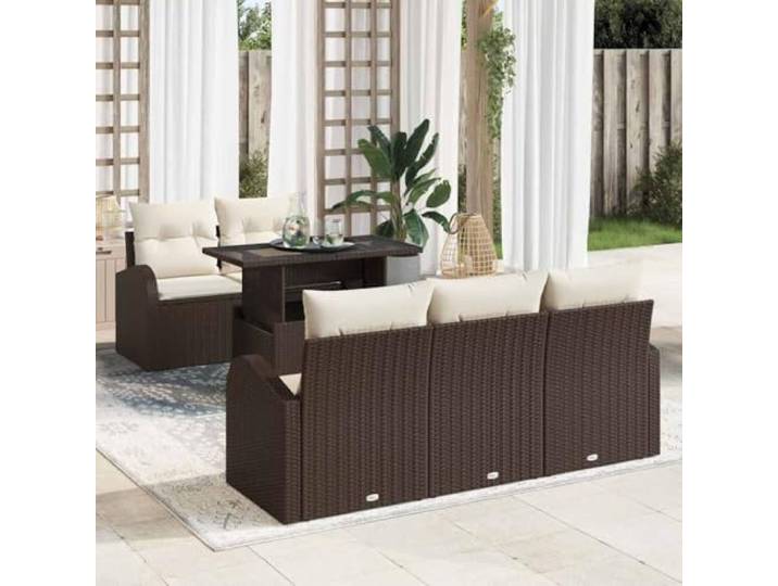 LPERTGFHU Gartensofa-Set 6-TLG. Poly-Rattan Sitzgruppe Braun/Glas Wetterfeste Kissen, Modulare Anordnung, Inklusive Couchtisch, Ergonomisch
