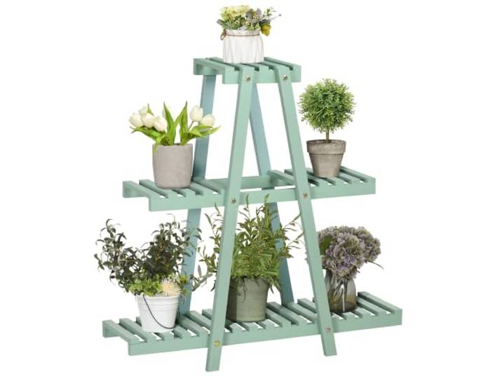 Outsunny 3-Etagen Pflanzenständer 76cm hoch für Innen Außen Hellgrün Blumenständer, Pflanzenregal Outdoor aus Holz, Mehrstöckig Blumenregal, Blumentopfständer, Wohnzimmer, Garten Balkon Deko