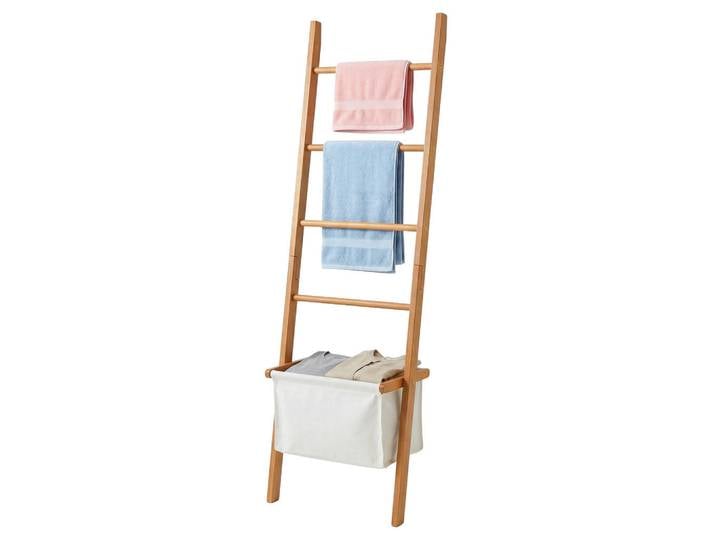 Relaxdays Handtuchleiter Natur Beige Walnussholz Wäschekorb 4 Sprossen 170 cm, Hellbraun, Holz, Textil, 50x170x21 cm, Badezimmer, Badezimmerausstattung, Handtuchhalter