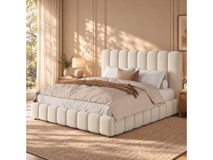 Polsterbett Doppelbett, 200x200cm, beige, samt mit Lattenrost, gepolstertes Kopfteil, Beine aus Massivholz