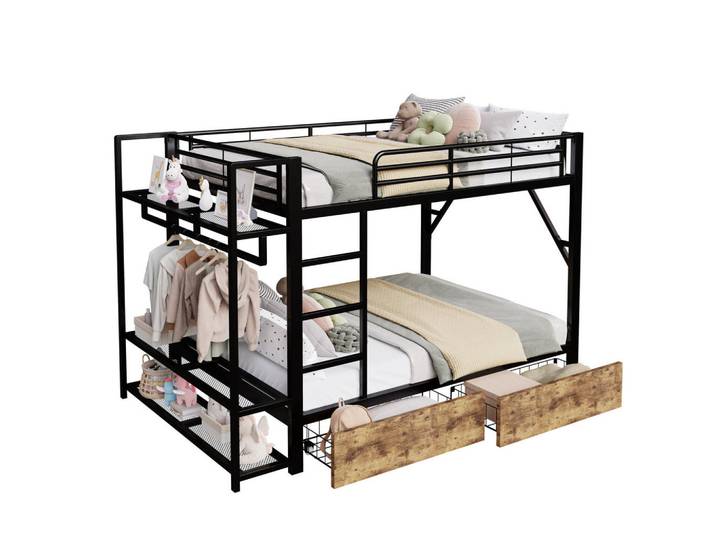 Modfu Etagenbett aus Metall und MDF 140x200 cm Schwarz mit LED-Lichtleiste, 2 Schubladen, Regalen und Kleiderstange, 140x200 cm, Babymöbel & Kindermöbel, Kinderzimmer & Jugendzimmer, Stockbetten