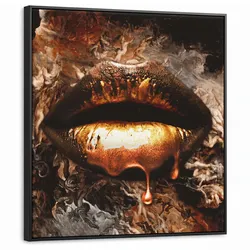 LEINWAND Bilder mit Rahmen - Gold - Lippen - Kunst - Gold - Luxus - Abstrakt - 90x90