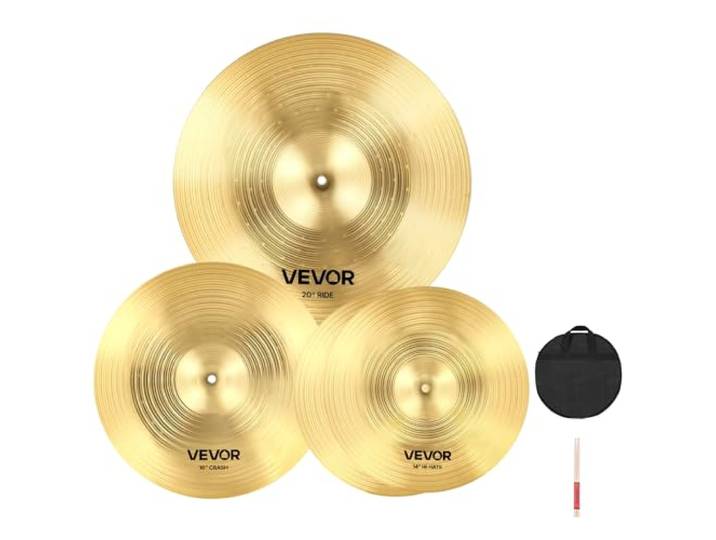 VEVOR Ensemble de Cymbales Batterie\, Cymbale Charleston 355 mm\, Crash 400 mm\, Ride 505 mm\, avec Baguettes\, Sac de Rangement\, Lot de 3 Cymbales en Alliage Robuste pour Batteur\, Couleur Cuivre Brillant