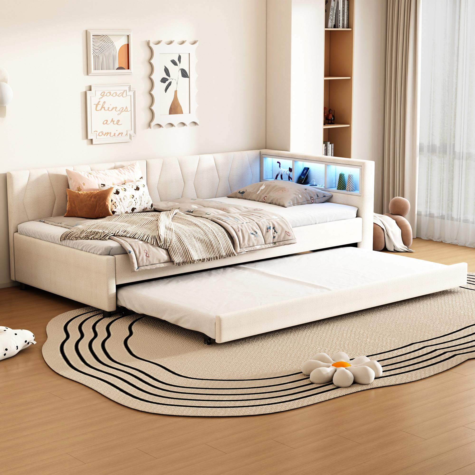 Sweiko Daybett,90x200cm, Tagesbett, Schlafsofa, Ablagefach am Bett, USB+Typ C, Fernbedienung für LED-Umgebungslicht, Bett mit ausziehbarem Bett, Bett mit Lattenrost (ohne Matratze), Leinen, Beige