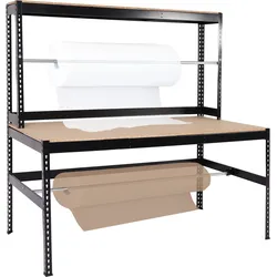Packstation HWC-J84, Packtisch Arbeitstisch Werktisch, Rollenhalter höhenverstellbar, Holz Stahl 183x183x90cm, schwarz