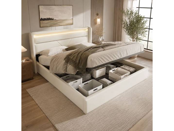 Lit escamotable hydraulique 160x200cm LED blanc avec télécommande