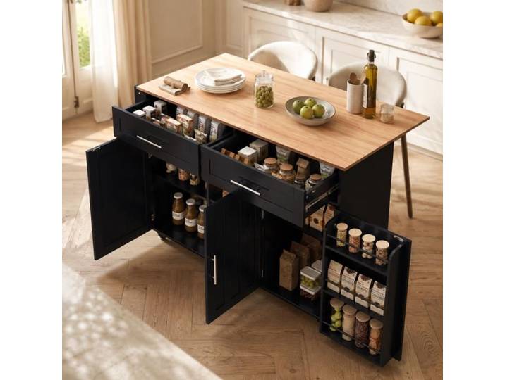 Desserte de cuisine pliante noire 129x46/71x91 5 cm avec plateau en bois massif portes roulettes