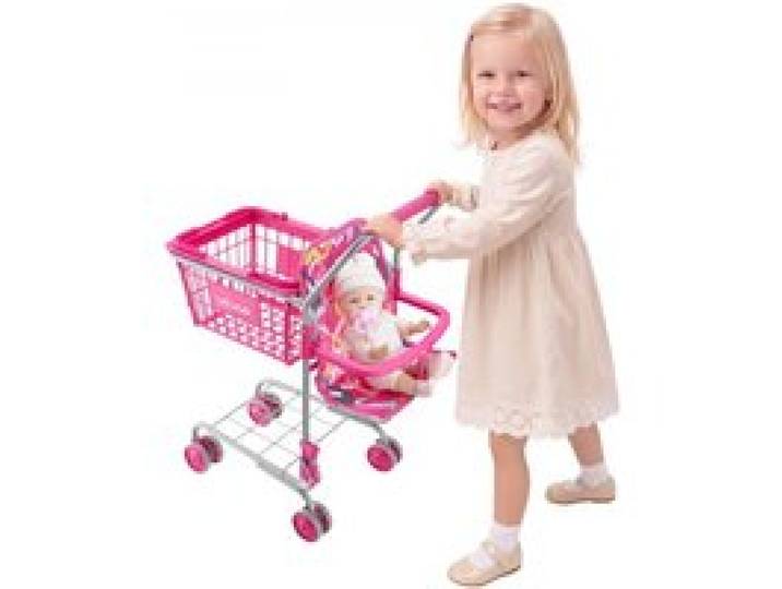 VEVOR Chariot de Courses pour Enfants, Cadre en Métal, Chariot de Supermarché Jouet Pliable avec Poupée, Siège pour Poupée, Jeu d'Imitation dès 3 ans, 4 Roues Pivotantes, Panier et Rangement Inférieur