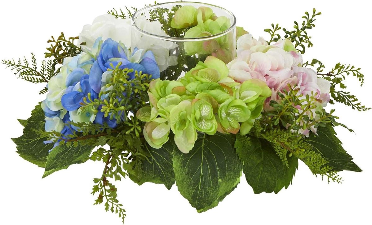 Handgemaakte veelkleurige kunst hortensia kandelaar voor decoratie in de woonkamer