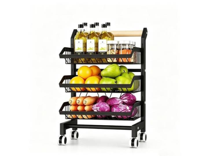 Dexinhdh Rollbarer Vorratswagen mit Ablagen für Snacks und Gemüse Verstellbares Metallregal für Snacks und Gemüse, Küchenorganizer für Obst und Gemüse(Black,3-Tier)