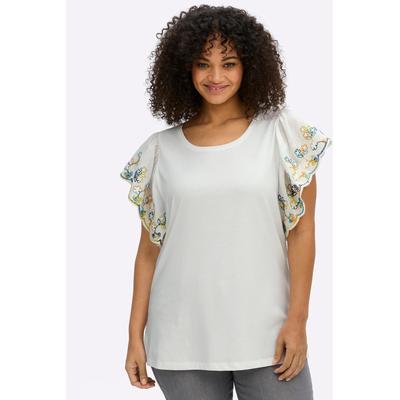 Rundhalsshirt SHEEGO "Halbarmshirt", Damen, Gr. 48, weiß (ecru, royalblau), 100% Baumwolle, Besatz:100% Baumwolle, unifarben, Rundhals, Shirts Rundhalsshirt