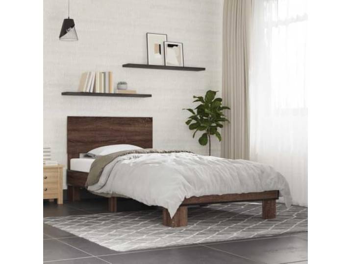 Holzwerkstoff Stabilität Schlafzimmer Bettgestell Braun 90 x 200 cm Bettgestell Braun Eichen-Optik 90x200 cm Holzwerkstoff Metall Stabil Stauraum Schlafzimmer Lattenrost