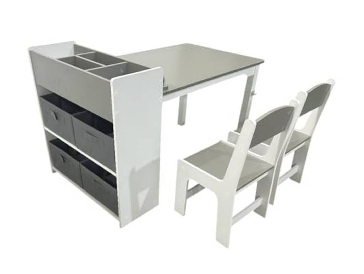 habeig Kinderzimmer Möbelset, MDF Tisch mit 2 Stühlen und Regalschrank in Grau/Weiß, 4 Stoffkörbe, Tisch 102,5x58x64cm, Stühle 28,5x30,5x55cm