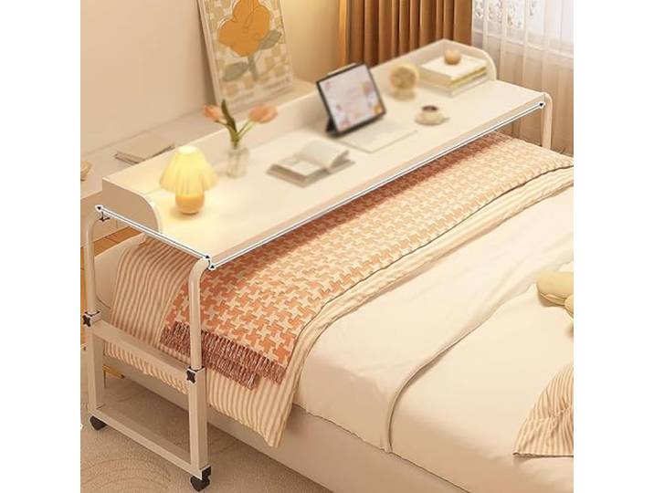 Überbetttisch, Tisch mit Rollen, Überbetttisch, Kingsize-Bett, Überbetttisch, nover Betttisch mit Rollen, höhenverstellbar, mobiler Kreuzbetttisch, geeignet für überall in der H (Farbe: Weiß)