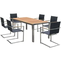 OUTFLEXX Garten-Essgruppe, schwarz, Edelstahl/Teak, Tisch 180 x 90 cm, 6 Stapelstühle gepolstert