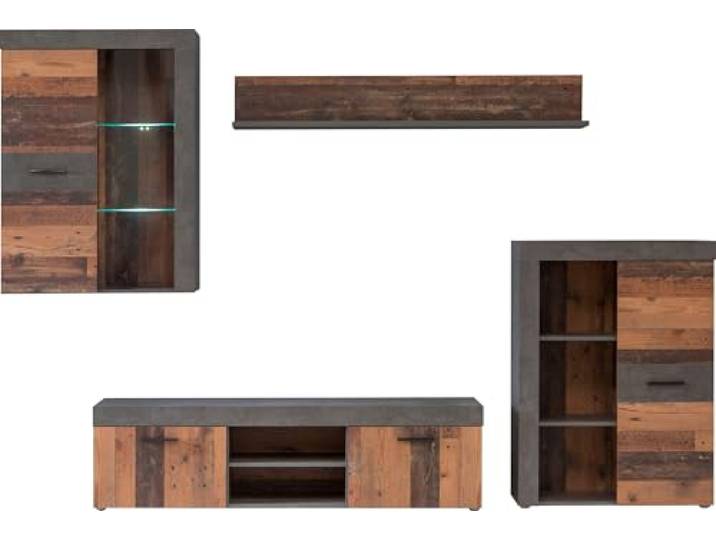 Newroom Wohnwand Betonoptik Altholz modern Anbauwand Wohnzimmer Glasvitrine, TV Lowboard mit Schublade und offenem Fach, Highboard, Wandboard, Schrankwand, LED Beleuchtung möglich
