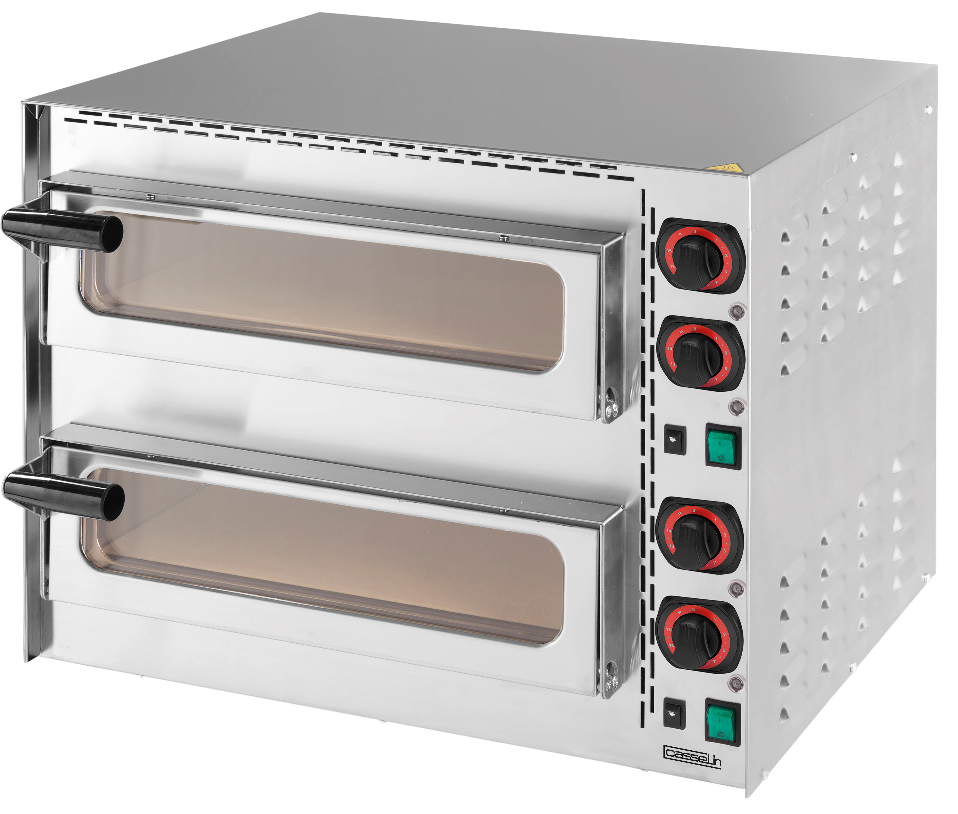 Pizzaofen mit 2 Kammern, 400°C, Edelstahl, 410x370x90mm Kammer, feuerfester Stein