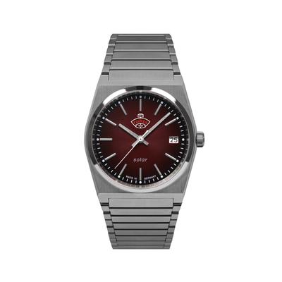 Solaruhr RUHLA "Space Control Solar Damen", silber (silberfarben, dunkelrot), Armbanduhren, Damen, silberfarben, Armbanduhr, Damenuhr, Datum, Leuchtzeiger, Saphirglas, Made in Germany