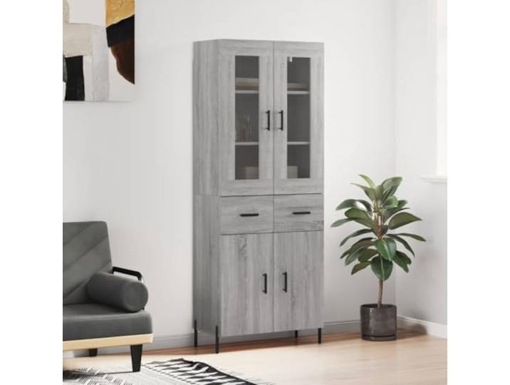 Elegantes Highboard mit Metallfüßen: Stabiles Highboard mit Wandhalterung aus Holzwerkstoff mit Stauraum, Grau Sonoma 69,5x34x180 cm, Modernes mit Türen