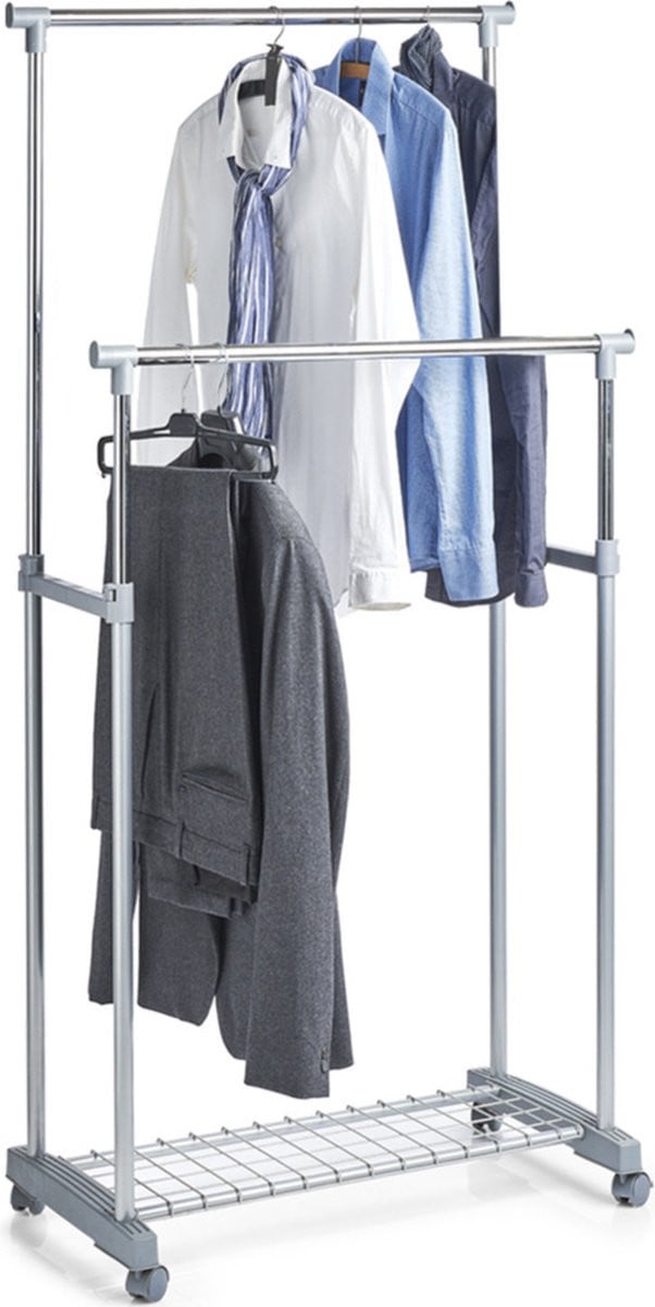 Verstelbaar mobiel kledingrek met dubbele stang, 107 cm