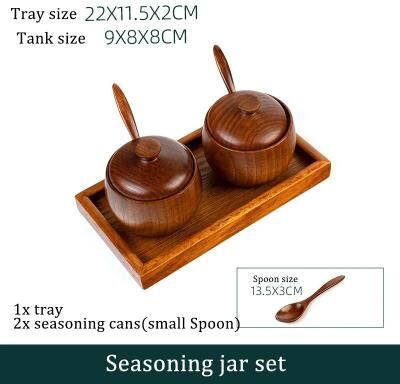 Uplifted Finds Wooden Seasoning Jar Vintage Kitchen Salt Sugar Spice Container With Lid Spoon And Tray 3 Pcs Small Tray Set A