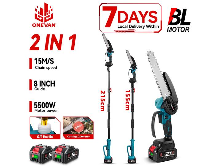 Scie à chaîne électrique sans fil ONEVAN 8 pouces 2 en 1, outil de taille d'arbres et de branches hautes pour batterie Makita 18V