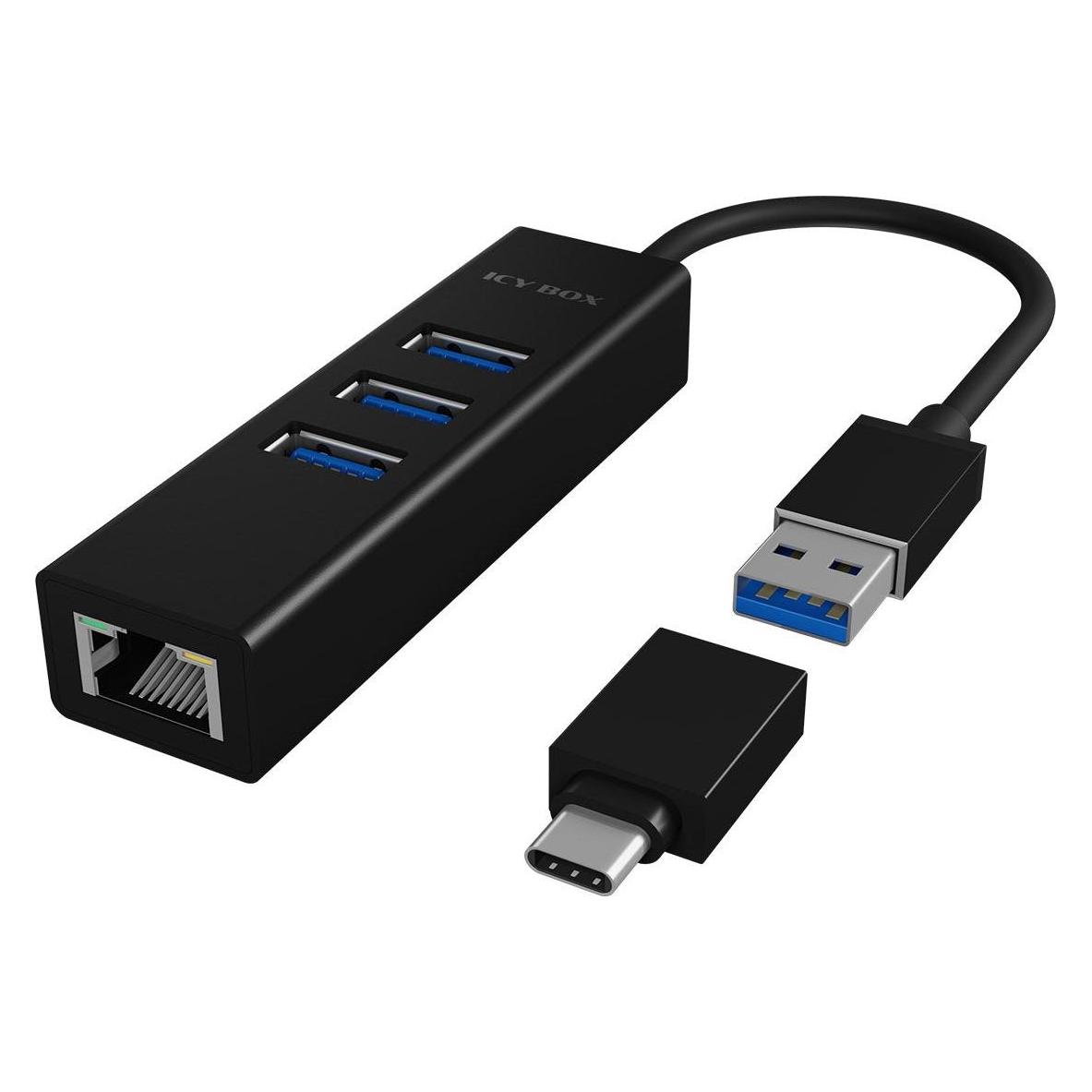 Icy Box USB Hub SB 3.0 Hub & LAN-Adapter,IB-HUB1419-LAN (4 Ports) (IB-HUB1419-LAN)