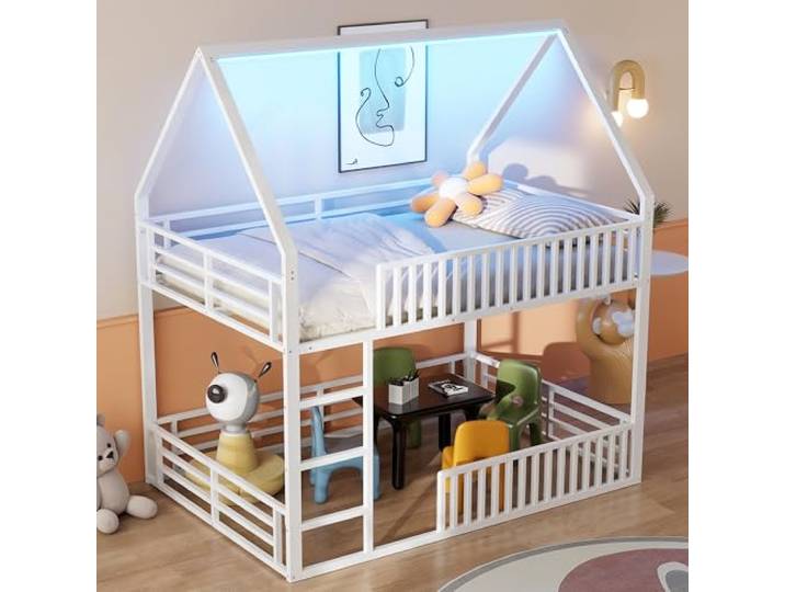 FAVSH Hochbett 140x200 cm, stabiles Metall Etagenbett mit Rausfallschutz und Lattenrost, Sicherheitsgitter, Familienbett Loftbett für Kinder, Jugendliche und Erwachsene, modernes Design, Weiß