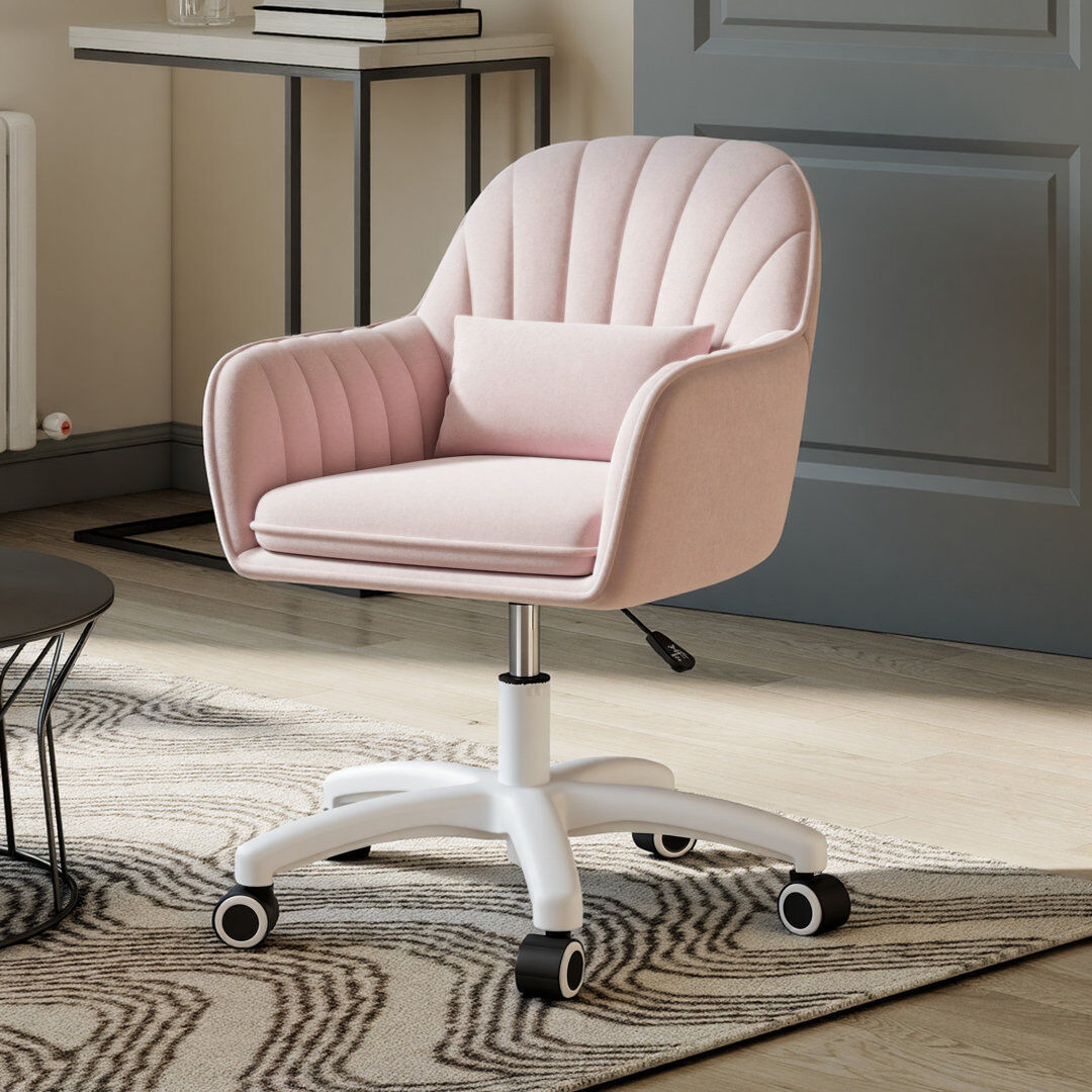 17 Stories Modern Minimalist Swivel Office Chair with Velvet Padding pillow Vanity Swivel Chair Adjustable Height for Home Office, Study, Bedroom Pink 50cm W X 50cm D