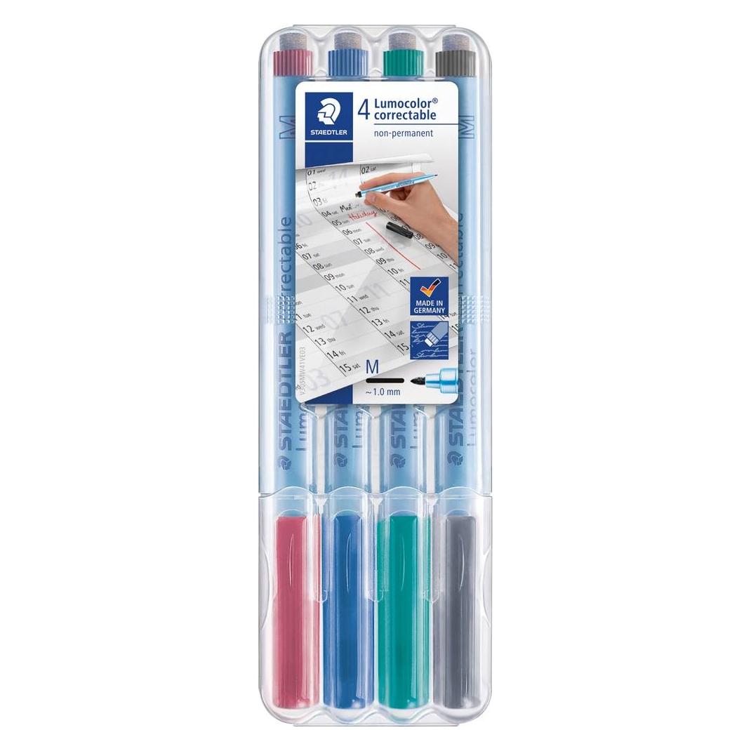 Staedtler Lumocolor correctable NonPermanent-Marker 305M,4er Etui, Strichstärke: M (1,0 mm), Rundspitze, troc (4x) (305M WP4)
