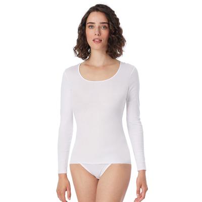 T-Shirt SCHIESSER "Luxury", Damen, Gr. 38, weiß, Feinripp, Obermaterial: 100% Baumwolle, figurbetont hüftbedeckend, Rundhals, Shirts T-Shirt, runder, dezent schimmernder Halsausschnitt, langärmelig