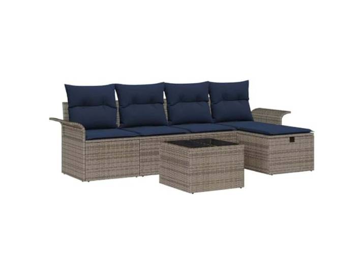 Garten-Sofa Set aus Polyrattan 6 tlg. Grau Navy mit Verstellbar UV-beständiges Polyrattan, Stahlrahmen, Polyesterkissen, wasserdichte Tasche, modulares Layout, verstellbare Tischplatte