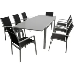 Garnitur MARINA 9-teilig, Aluminium silbergrau + Glas + Kunstgewebe schwarz