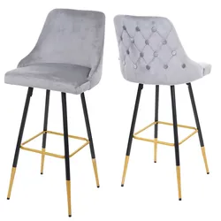 Décoshop26 - 2x Barhocker Tresenhocker Hochstühle goldene Beine Samtbezug Retro-Grau-Design gesteppte Rückenlehne 04_0000493